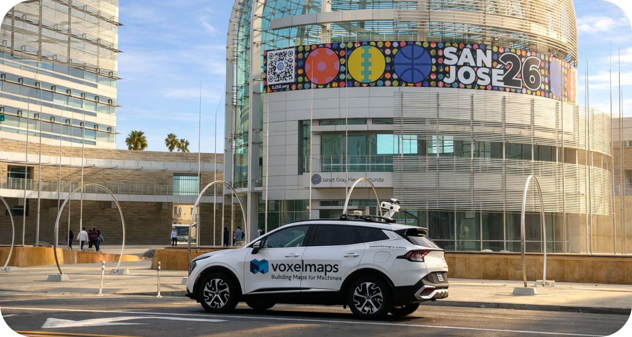 Voxelmaps SYMBO vehicle capturing street-level data in front of San Jose City Hall