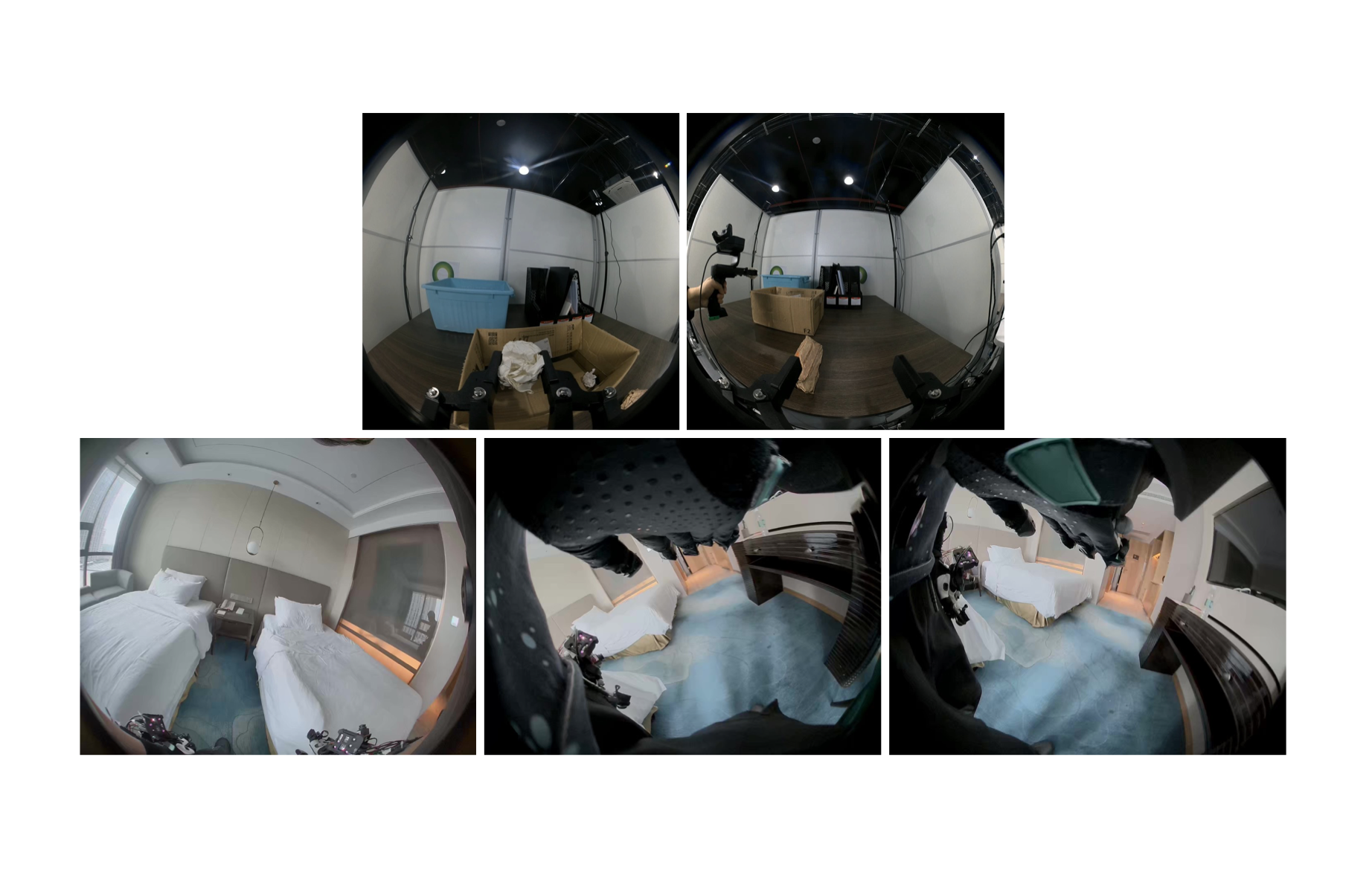 Egocentric fisheye camera views from human data collection sessions in a lab and a hotel room