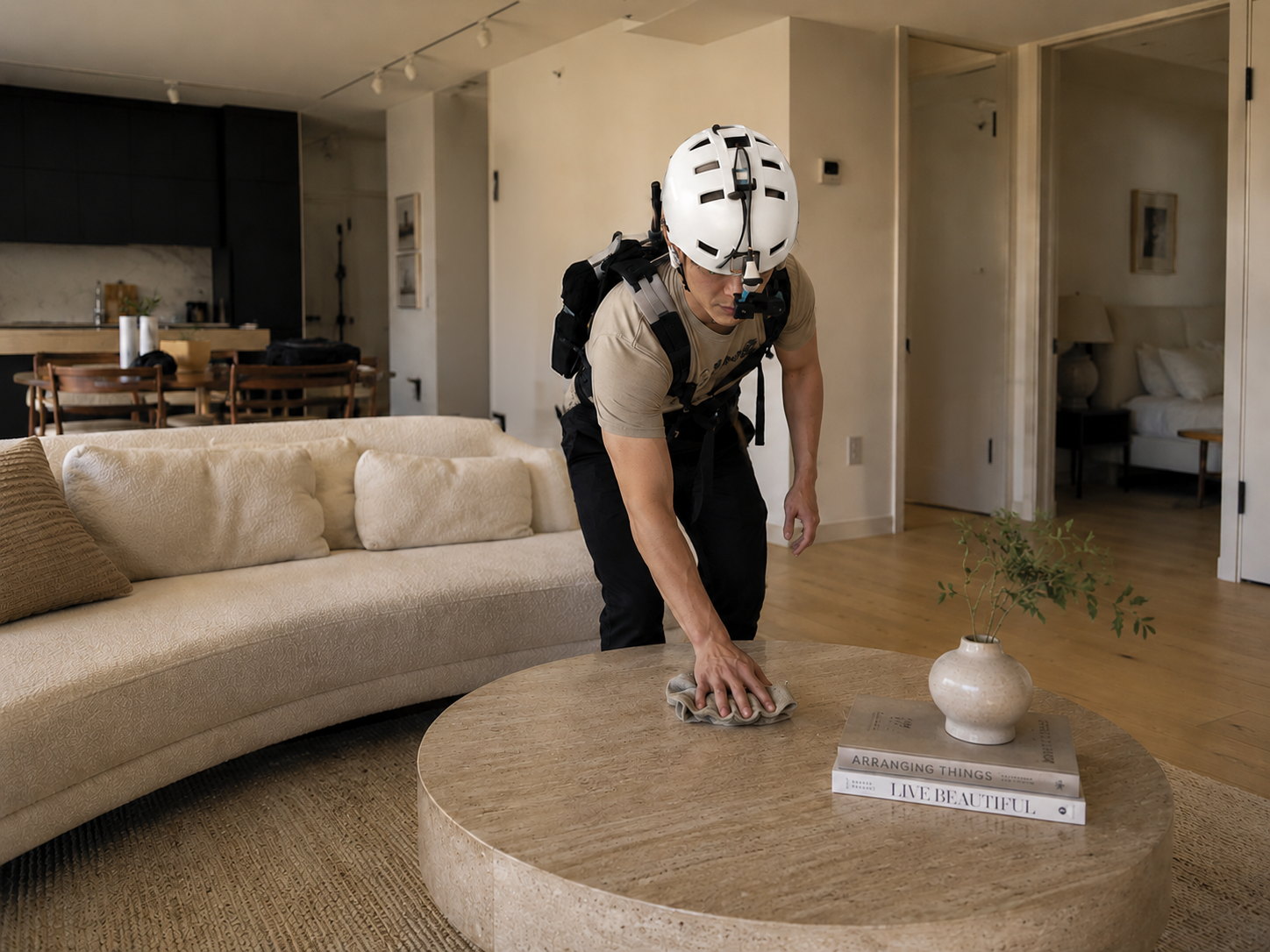 A participant wearing a sensor rig cleaning a table during a human data collection session